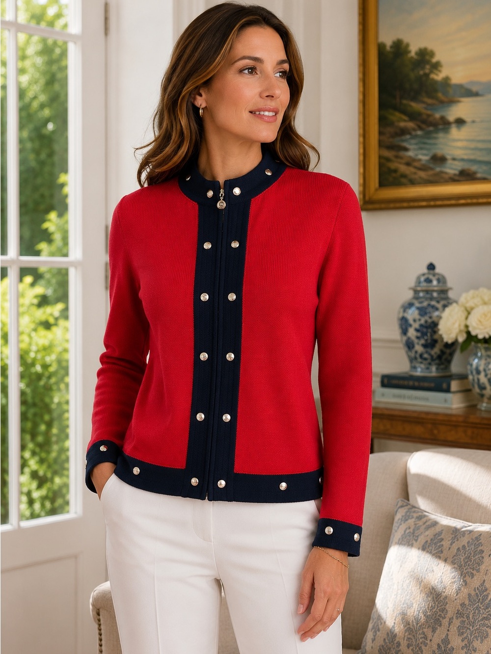 St. John Collection Marie Gray Red Navy Gold Knit Zip Cardigan Jacket 14